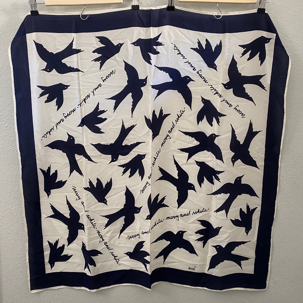 Mondi Vintage Silk Scarf Navy Blue White Bird Print Script Border Square 30x30